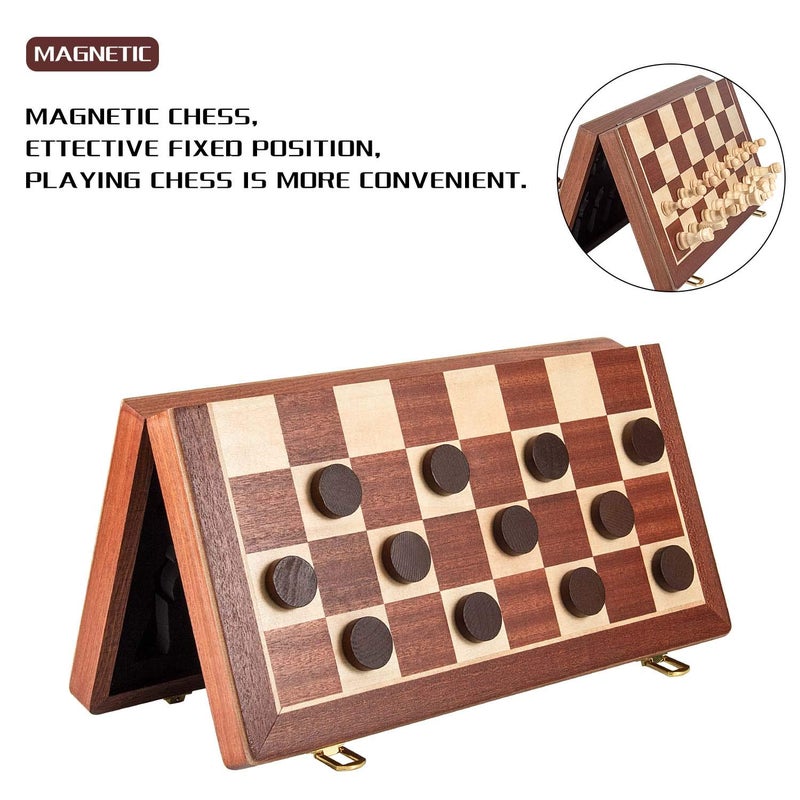 AMEROUS 15 Inches Magnetic Wooden Chess & Checkers Set (2 in 1) - Folding Board -Gift Box Packed -24 Cherkers Pieces -2 Extra Queens, Beginner Chess Set for Kids and Adults - Image 5